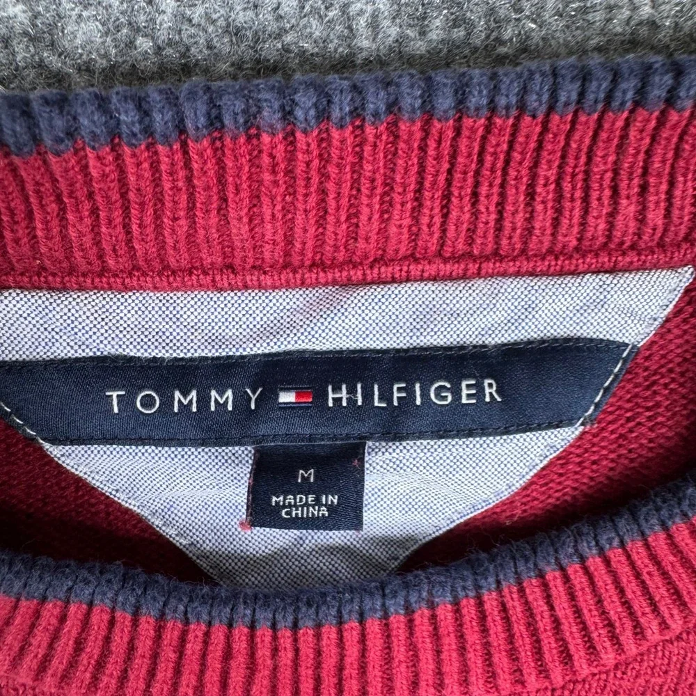 Tommy Hilfiger Sweater Mens Size M Red Cotton Knit Large H Logo Preppy Crewneck